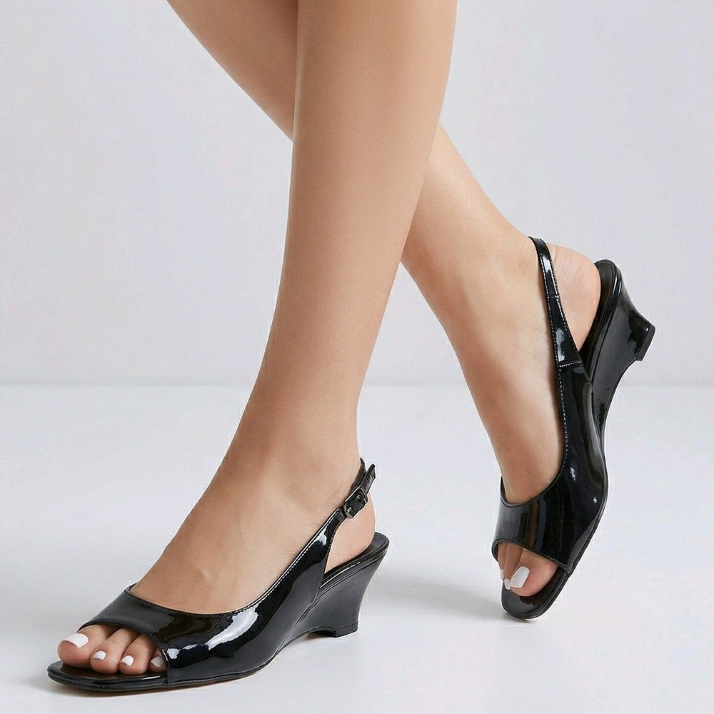 Etienne Aigner Wedge Sandals Black Patent Leather Slingback Classic 9.5M